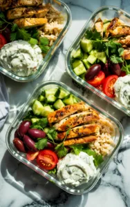 Three glass meal prep containers filled with Greek marinated chicken brown rice cucumber tomatoes kalamata olives and homemade tzatziki sauce