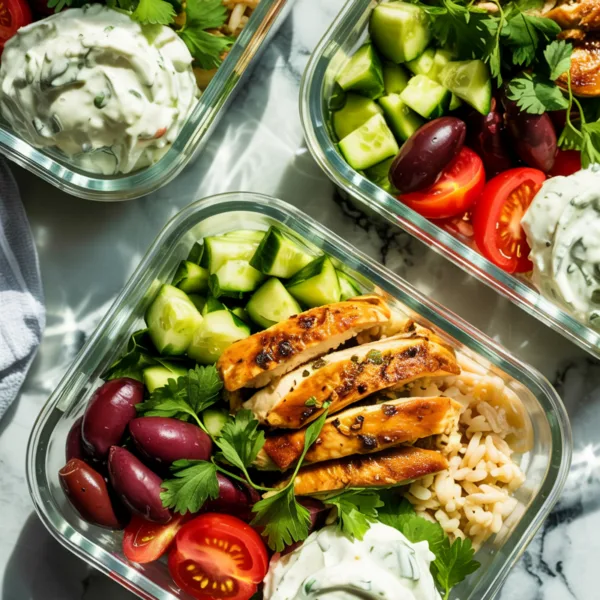 Three glass meal prep containers filled with Greek marinated chicken brown rice cucumber tomatoes kalamata olives and homemade tzatziki sauce