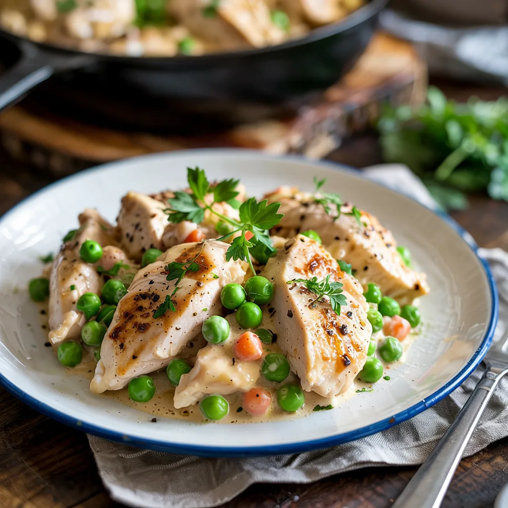 Easy one-pan creamy chicken and peas made with chicken breast, peas, broth, and sour cream for a fast family dinner.