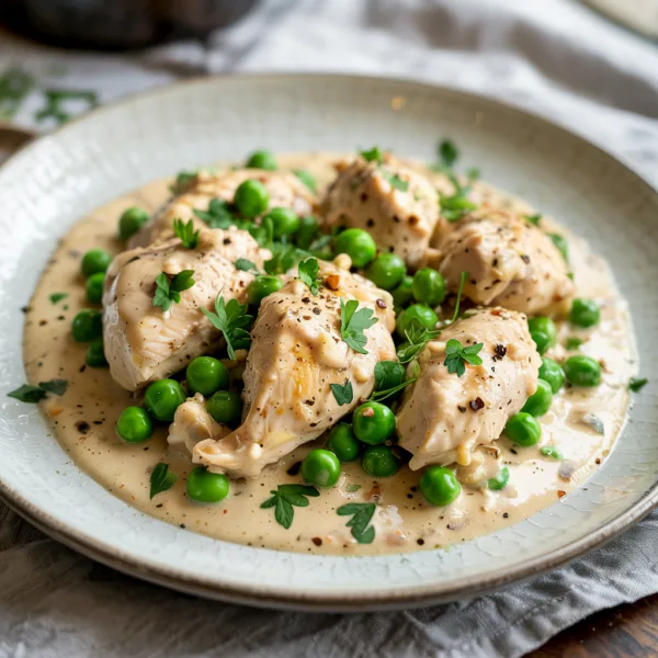 30-minute creamy chicken and peas skillet with tender chicken and green peas in a creamy sauce