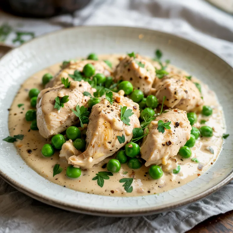 30-minute creamy chicken and peas skillet with tender chicken and green peas in a creamy sauce