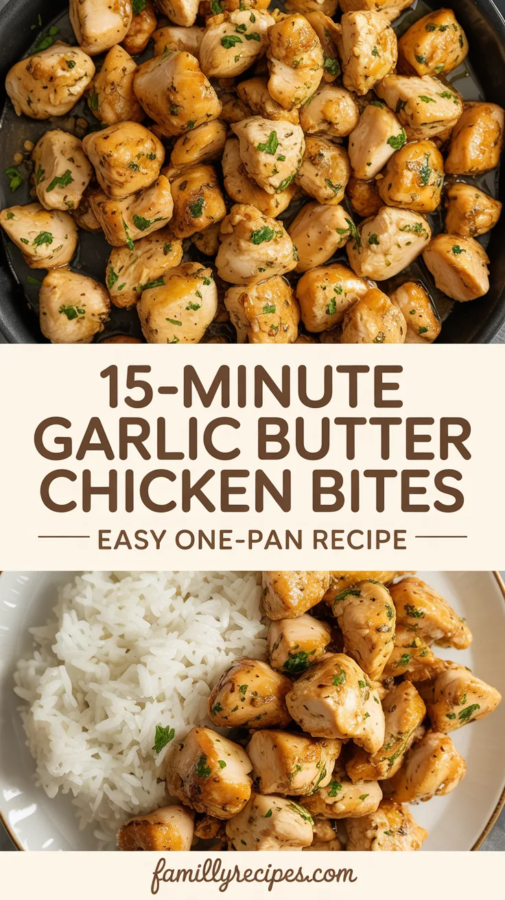 Quick, juicy chicken bites seared to golden perfection and tossed in rich garlic butter sauce. Ready in just 15 minutes with one pan!