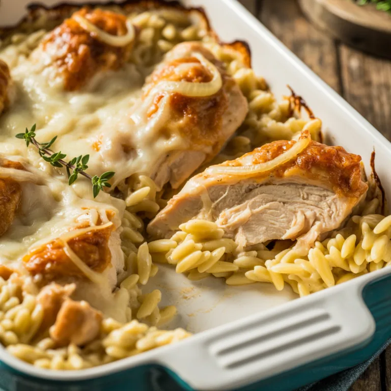 French onion chicken orzo casserole with caramelized onions, tender chicken, and melted Gruyère cheese in an oven-safe skillet