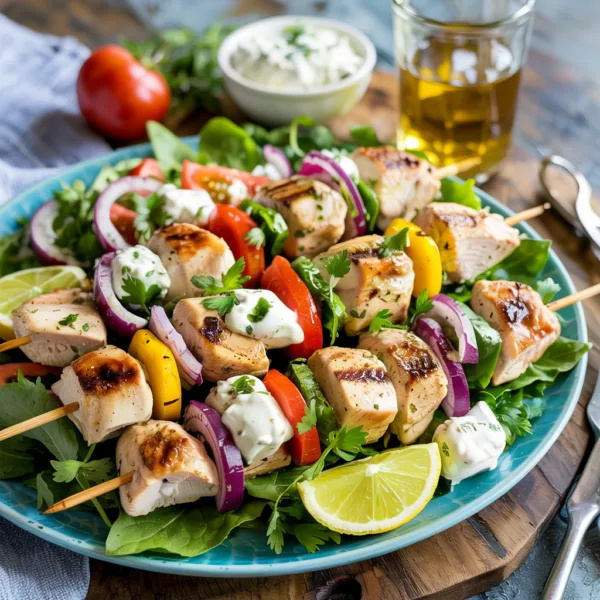 High-protein chicken kabobs with Greek salad, feta, cucumbers, tomatoes, and olives