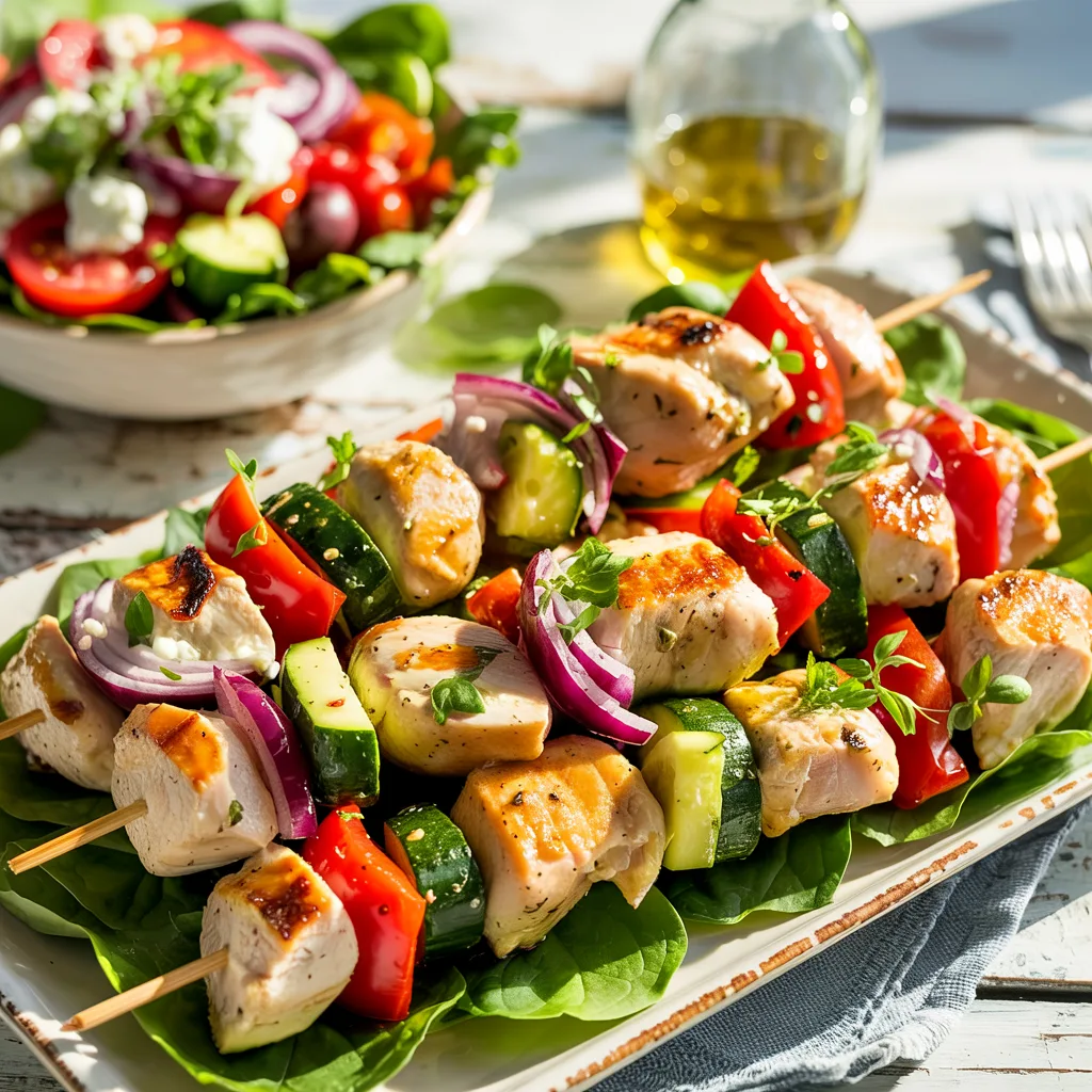 High-protein chicken kabobs with Greek salad, feta, cucumbers, tomatoes, and olives
