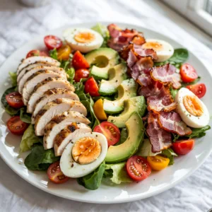High-protein Cobb salad with grilled chicken eggs bacon avocado tomatoes and cheese on greens