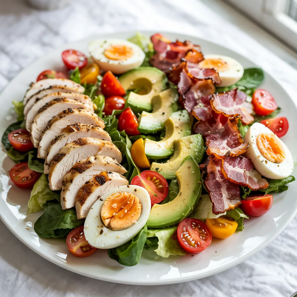 High-protein Cobb salad with grilled chicken eggs bacon avocado tomatoes and cheese on greens