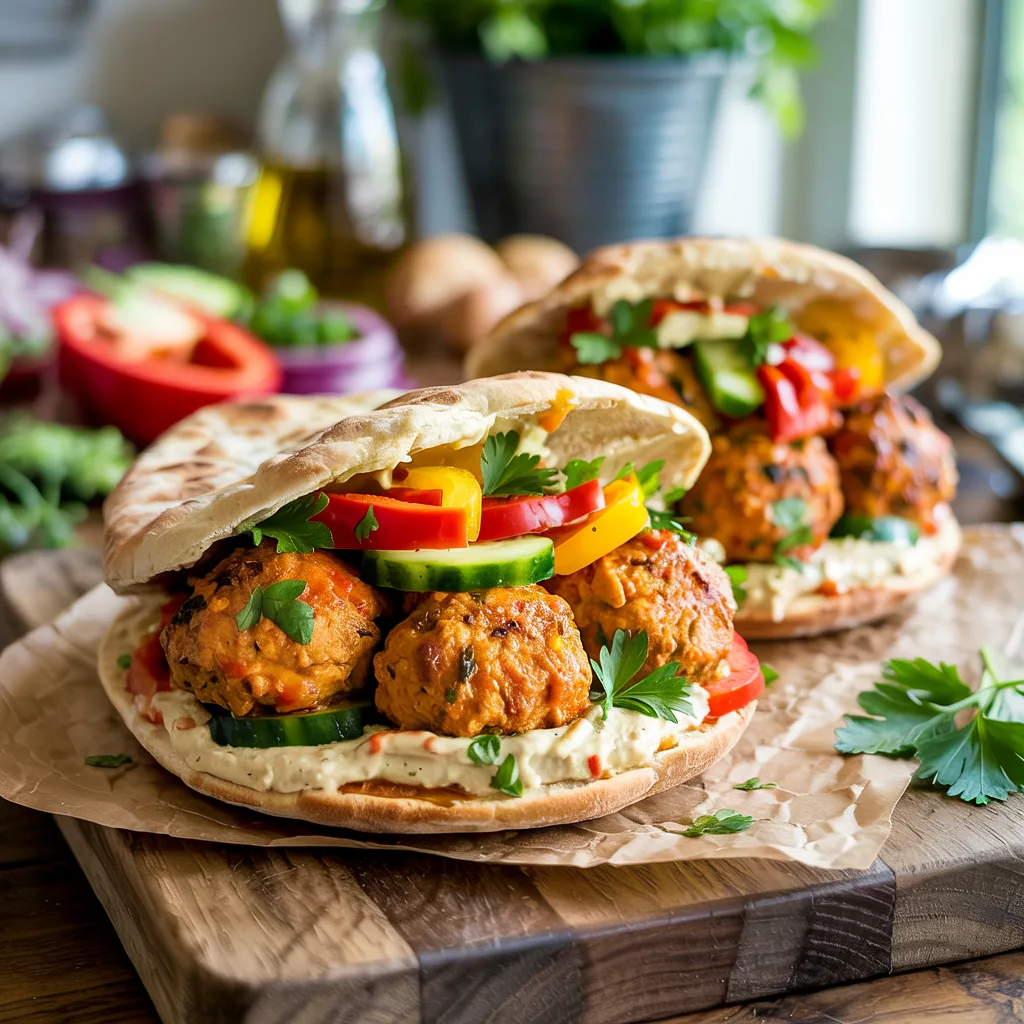 Meal-prep high-protein chicken meatball pitas with yogurt sauce and fresh vegetables