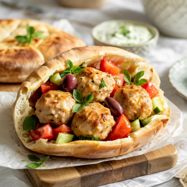 Meal-prep high-protein chicken meatball pitas with yogurt sauce and fresh vegetables