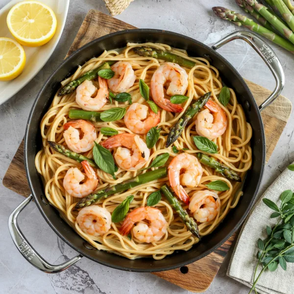 One-pot spring pasta with shrimp and asparagus in a creamy lemon garlic sauce