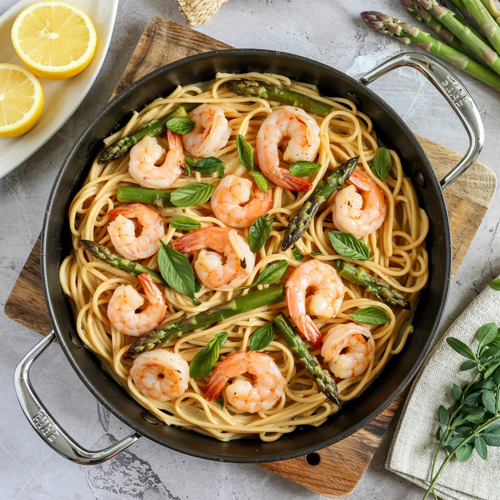 One-pot spring pasta with shrimp and asparagus in a creamy lemon garlic sauce