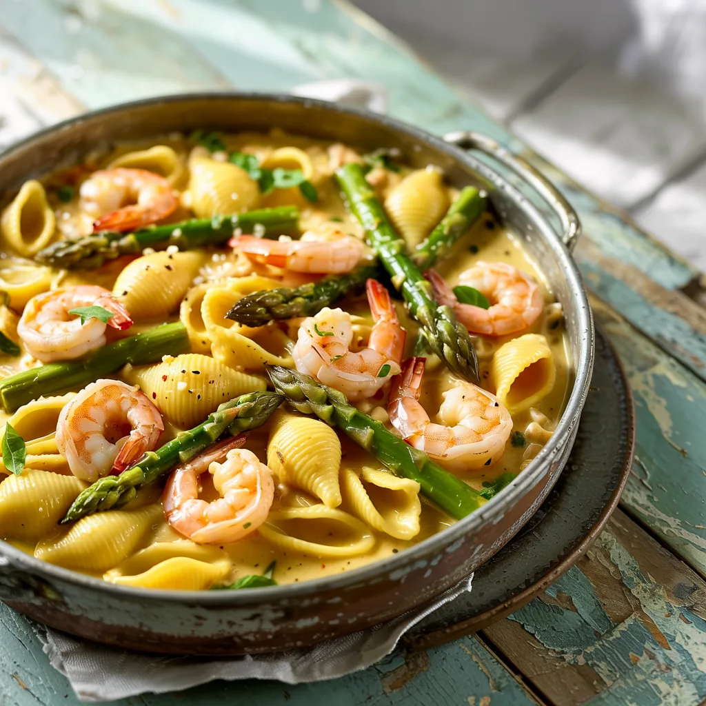 One-pot spring pasta with shrimp and asparagus in a creamy lemon garlic sauce