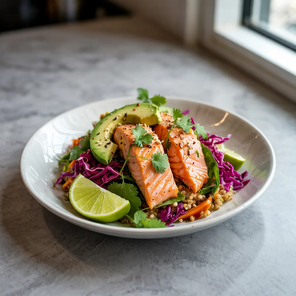 Salmon taco bowls with rice, black beans, crunchy cabbage, avocado, and creamy lime sauce