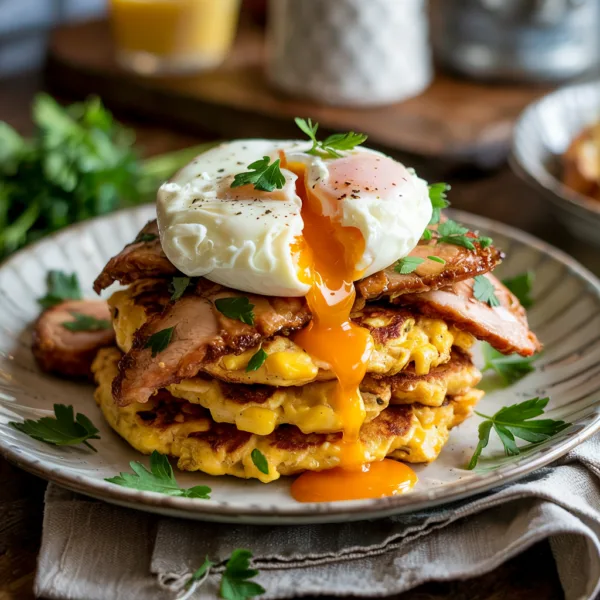 Soft poached eggs on corn fritters with crispy chicken and herbs on a plate