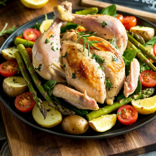 NAME: Spring One-Pan Lemon Garlic Chicken and Veggies SUMMARY: Bright, cozy spring dinner made on one pan—juicy lemon-garlic chicken roasted with potatoes, carrots, asparagus, and cherry tomatoes. Easy prep, easy cleanup, big family-friendly flavor. EQUIPMENT: - Large sheet pan (rimmed) - Mixing bowl or jar (for dressing) - Whisk or fork - Cutting board + knife - Measuring cups + spoons - Instant-read thermometer (recommended) INGREDIENTS: - 2 lb bone-in, skin-on chicken thighs and drumsticks (about 6 pieces total) - 1 lb baby red potatoes, halved (or diced into 1-inch pieces) - 4 medium carrots, peeled and sliced on a diagonal (about 1/2-inch thick) - 1 lb asparagus, trimmed and cut into 2- to 3-inch pieces - 2 cups cherry tomatoes - 1 lemon, thinly sliced (plus 1 lemon for juice, if needed) - 3 tbsp olive oil - 2 tbsp lemon juice - 4 garlic cloves, minced - 1 tsp Dijon mustard - 1 tsp salt (plus more to taste) - 1/2 tsp black pepper - 1 tsp dried oregano (or 2 tsp fresh) - 1 tsp dried thyme (or 1 tbsp fresh) - Optional: 2 tbsp chopped parsley for serving INSTRUCTIONS: 1. Heat oven to 400°F. Line a rimmed sheet pan with foil for easier cleanup (optional). 2. Make the lemon-garlic dressing: whisk olive oil, lemon juice, minced garlic, Dijon mustard, salt, pepper, oregano, and thyme. 3. Add potatoes and carrots to the sheet pan. Drizzle with a little dressing (or olive oil) and toss. Spread into an even layer. 4. Nestle chicken among the veggies. Brush or spoon dressing over the chicken. 5. Roast 25–30 minutes. 6. Add asparagus, cherry tomatoes, and lemon slices to the pan. Drizzle lightly with remaining dressing. 7. Roast 12–15 minutes more, until chicken reaches 165°F in the thickest part and veggies are tender. 8. Optional: Broil 2–3 minutes to brown the chicken skin. 9. Rest 5 minutes, garnish with parsley, and serve. NOTES: - If you use boneless chicken, reduce cook time and check early so it doesn’t dry out. - Cut veggies evenly so everything roasts at the same pace. - Leftovers keep well for meal prep—add a fresh squeeze of lemon when reheating. CALORIES: 483 PROTEIN: 39g