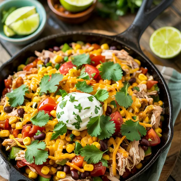 Cast iron Tex-Mex chicken skillet with shredded chicken corn black beans cherry tomatoes melted cheddar sour cream and fresh cilantro