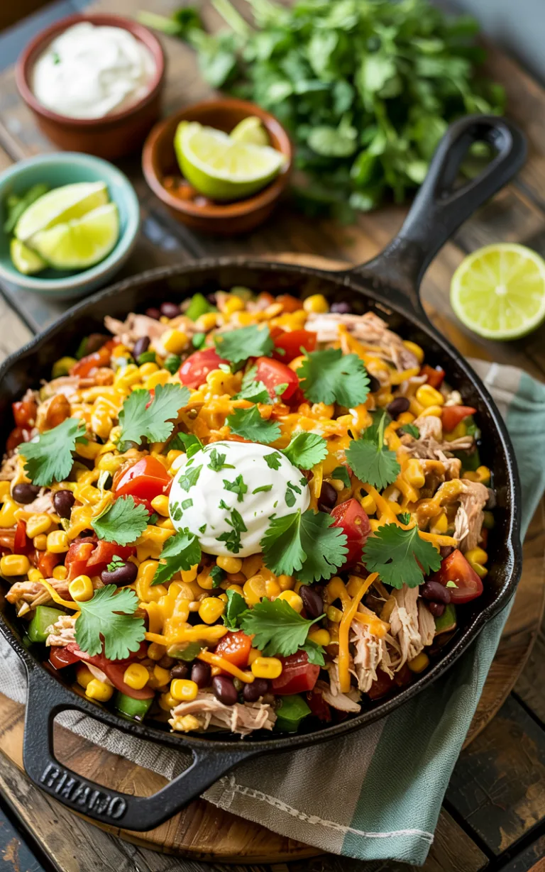 Cast iron Tex-Mex chicken skillet with shredded chicken corn black beans cherry tomatoes melted cheddar sour cream and fresh cilantro